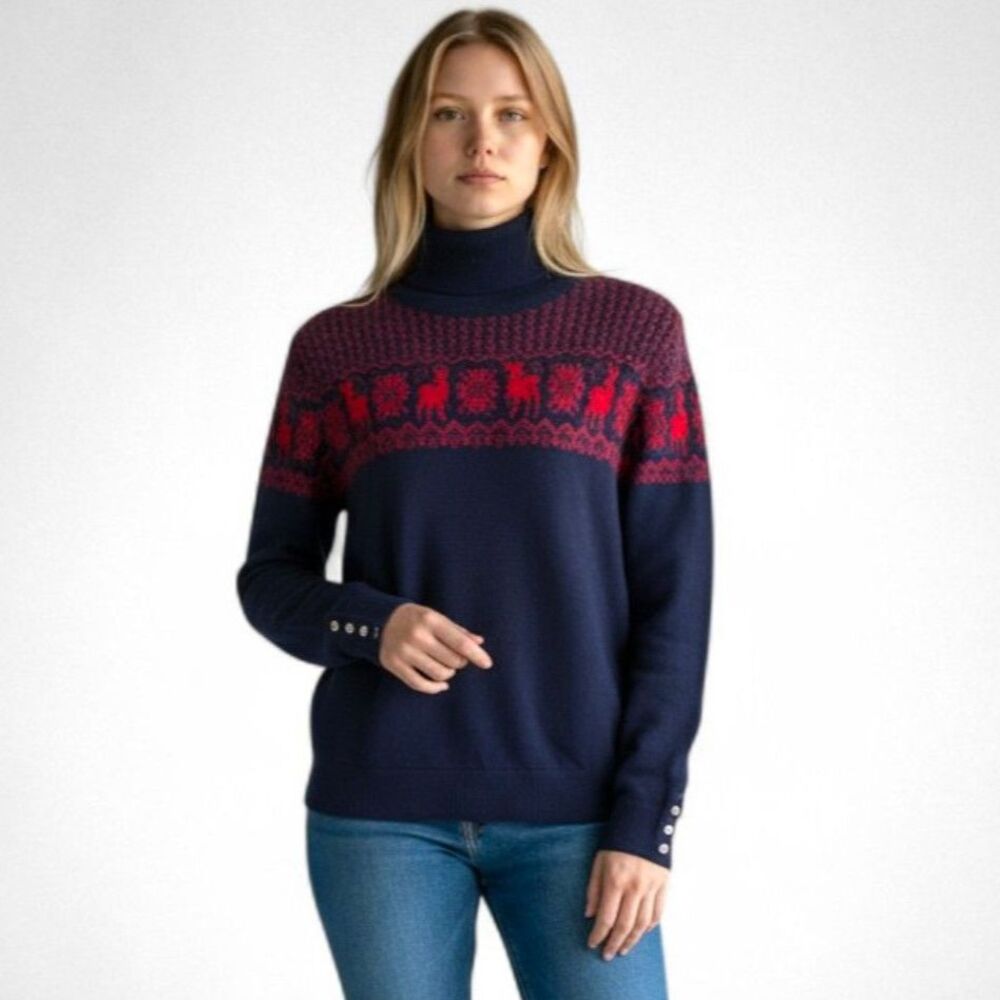 Tommy Hilfiger Women's Navy Blue Snowflake Turtleneck Sweater, NWT Size LARGE